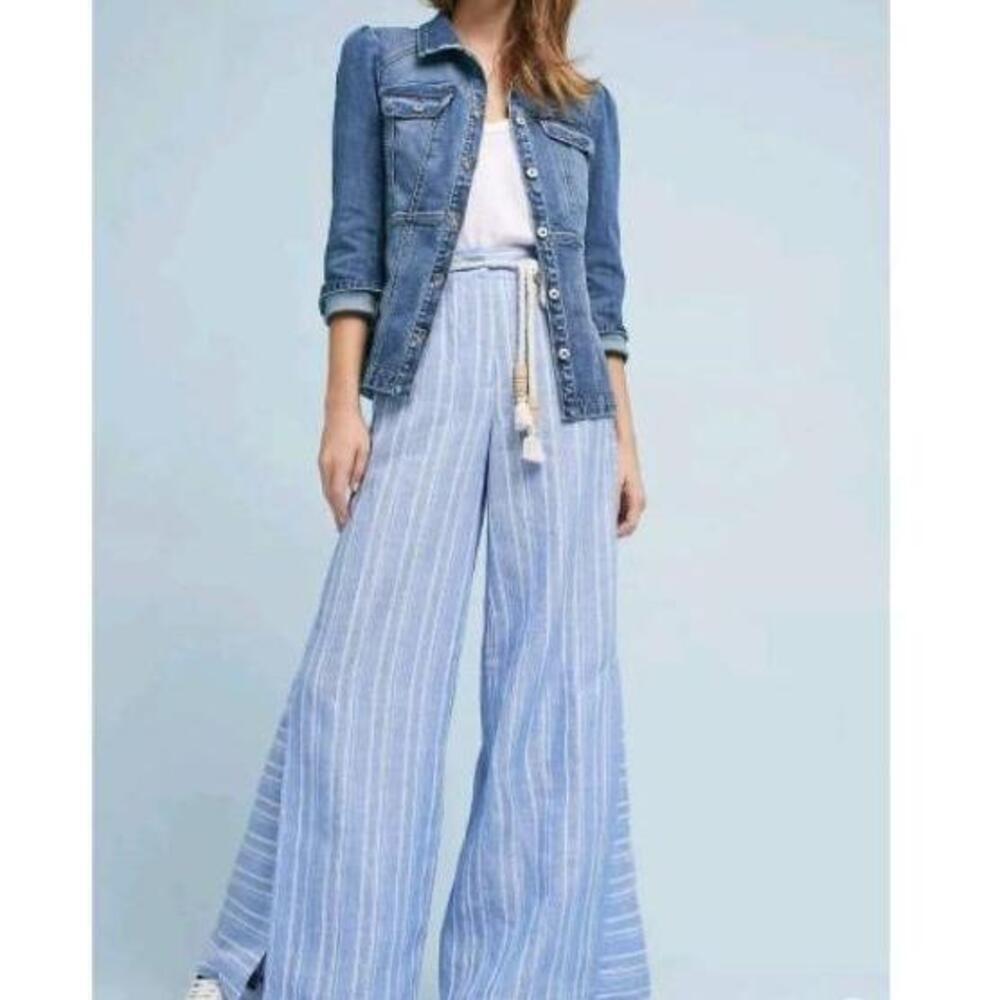 Anthropologie Pants Womens US 10 Light Blue Striped Wide Leg Tassel Belt Linen - Picture 1 of 10